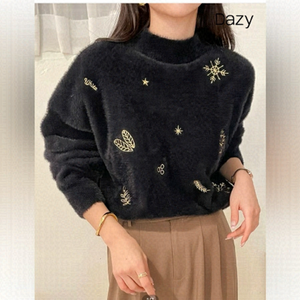 Dazy Christmas Embroidered Mock Neck Drop Shoulder Fluffy Knit Sweater Sz L NWOT